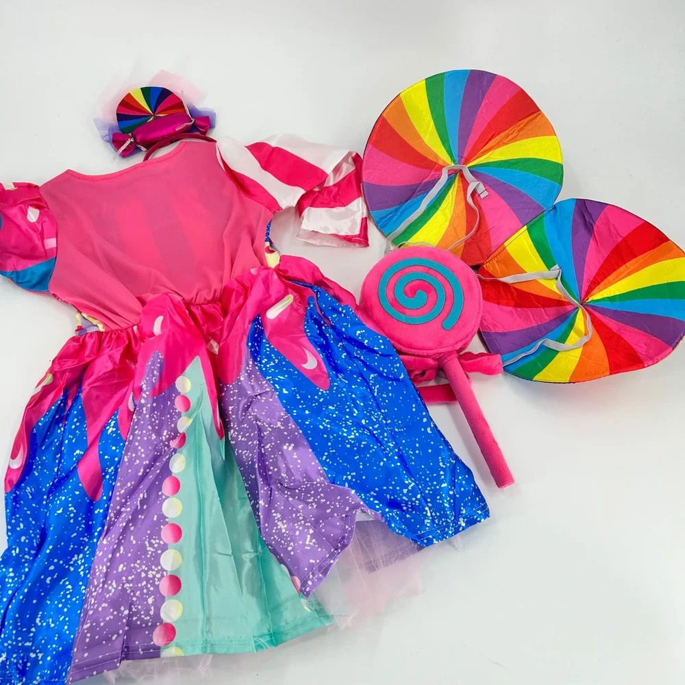 Kids Candy Land Lollipop Costume 4 pieceSet Pink Blue Rainbow Dress Wings Size M